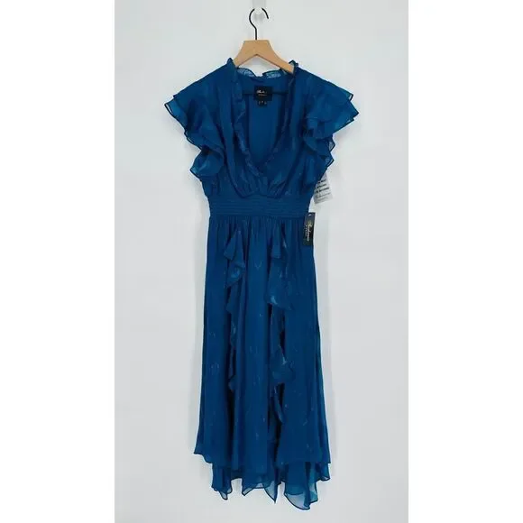 Shoshanna Maxine Metallic Midi Dress Ruffled in Dark Cerulean Blue Women's 6 NEW